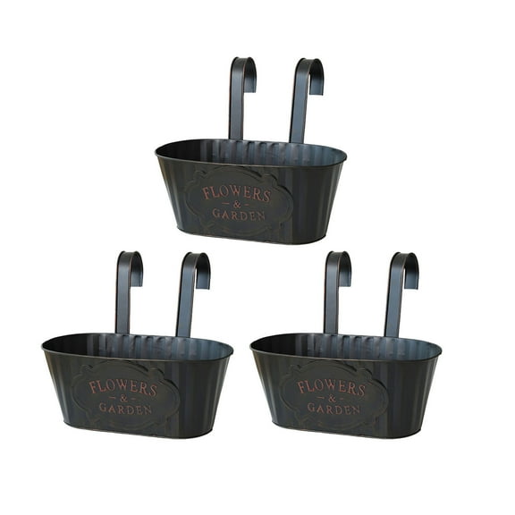 Olilia 3 Pcs Hanging Flower Pot, Metal Iron Bucket Planter Box with Detachable Hooks, Outdoor Flowers Holder for Railing Fence Balcony Garden Yard - Black
