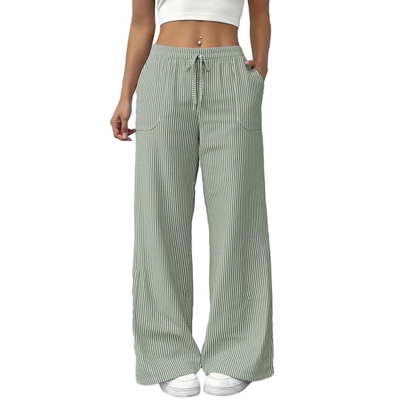 Tbopshirt Women Striped Linen Blend Wide Leg Pants Elastic Drawstring Lace-Up High Waist Pull On Trousers with Pockets for Summer Beach Casual,Green,Size:S-XXL