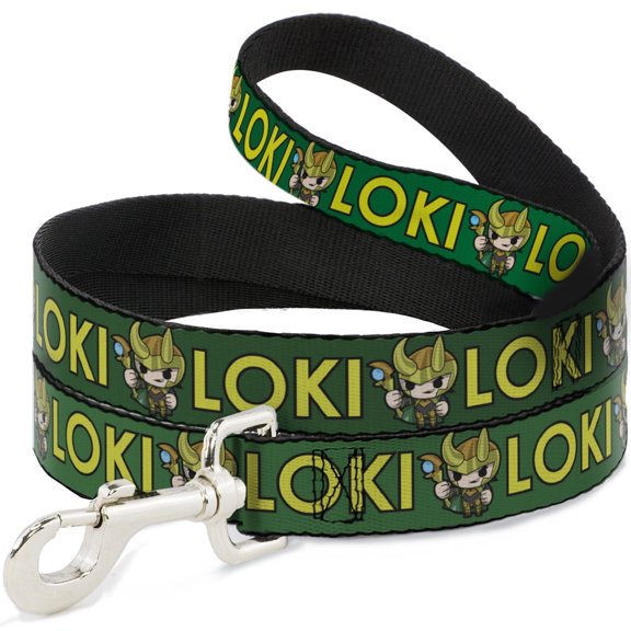 Marvel Comics Pet Leash, Dog Leash, Kawaii Loki Standing Pose Text Green Yellow, 4 Feet Long 0.5 Inch Wide
