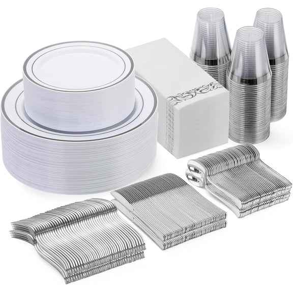 Goodluck 350 Pieces Silver Dinnerware Set for 50 Guests, disposable Plastic Plates for Party, Include: 50 Dinner Plates, 50 Dessert Plates, 50 Paper Napkins, 50 Cups, 50 Silverware set