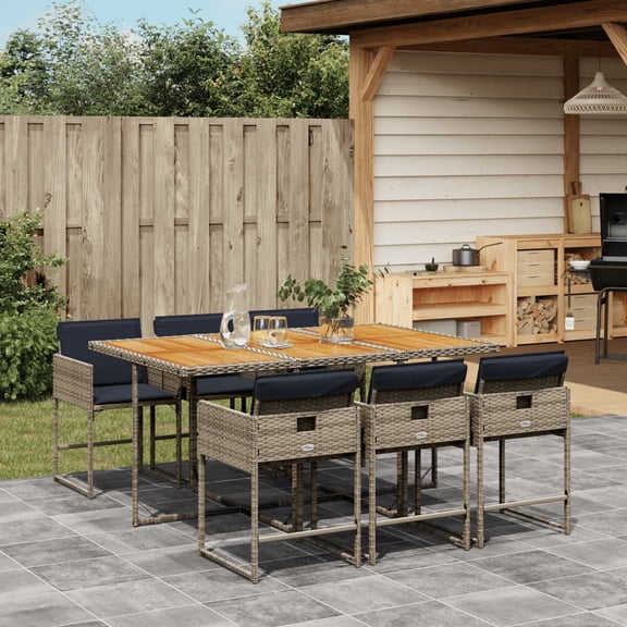 vidaXL 7 Piece Patio Dining Set with Cushions Gray Poly Rattan