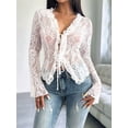 thumbnail image 4 of Women'S V Neck Lace Sheer Top Mesh See Through Shirts Open Front Tie Long Sleeve Blouses Y2k Going Out Tops Pink XL, 4 of 10