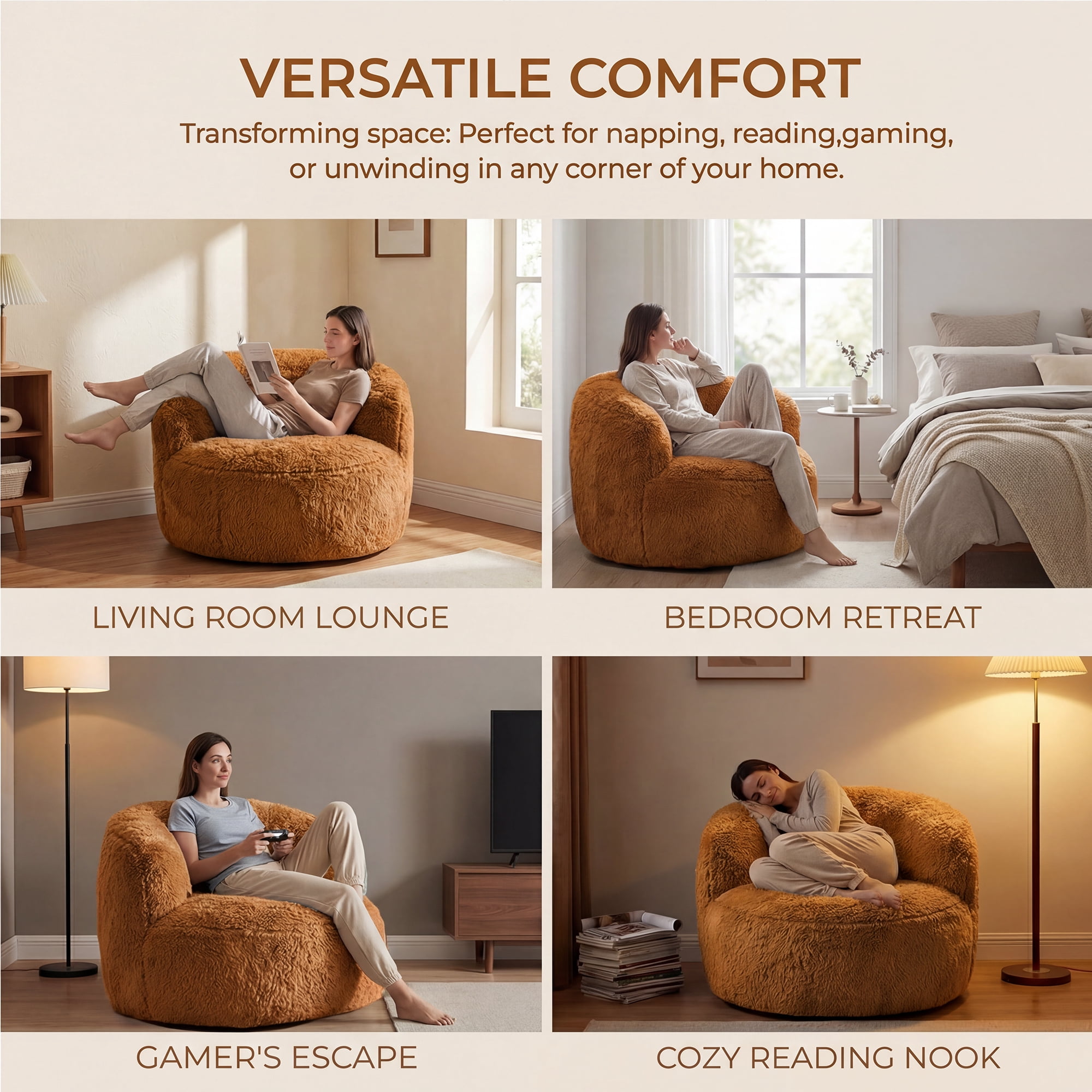 Fulsmile Bean Bag Chair Large Plush Chairs for Adults Giant Beanbag Chair Bean Bag Sofa with Stuffed Memory Foam Oversized Bean Lounger Chair for Reading Gaming Relaxing, Caramel