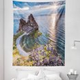 thumbnail image 1 of Travel Tapestry, Shaman Rock Lake Baikal in Russia Coastal Theme Sun Rays Scenic Vista Print, Fabric Wall Hanging Decor for Bedroom Living Room Dorm, 5 Sizes, Green Brown Blue, by Ambesonne, 1 of 1
