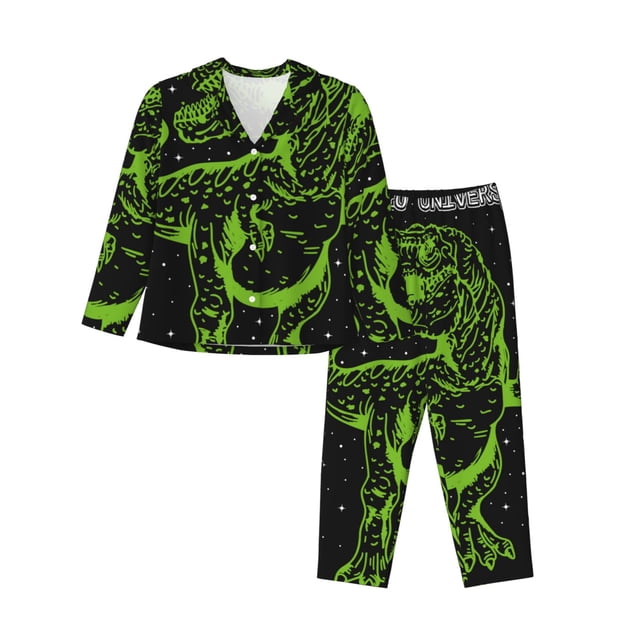 Balery DINOSAUR IN SPACE Conjunto de Pijama con Estampado para Mujer, Conjunto de Dos Piezas con Manga Larga, Ropa de Dormir Suave con Bolsillos, Pijamas Cómodos-Medium