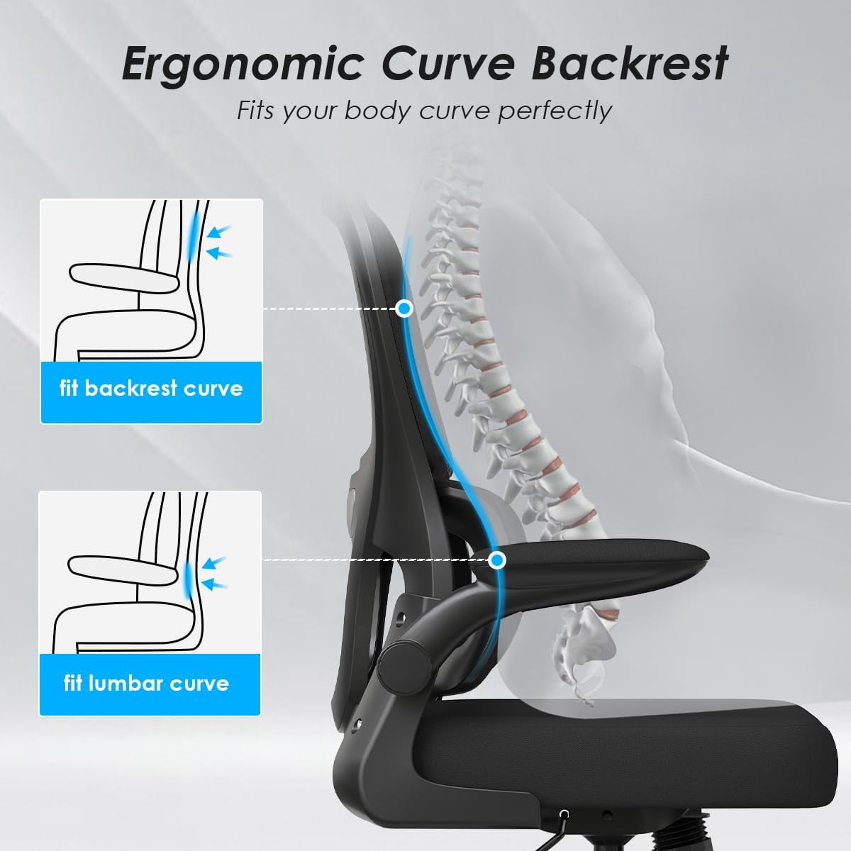 Farini Ergonomic Office Chair, Mesh Desk Chair with Lumbar Support, Comfy Computer Desk Chair with Flip Armrest Rolling Wheels for Home Study Room Office, Black & Black