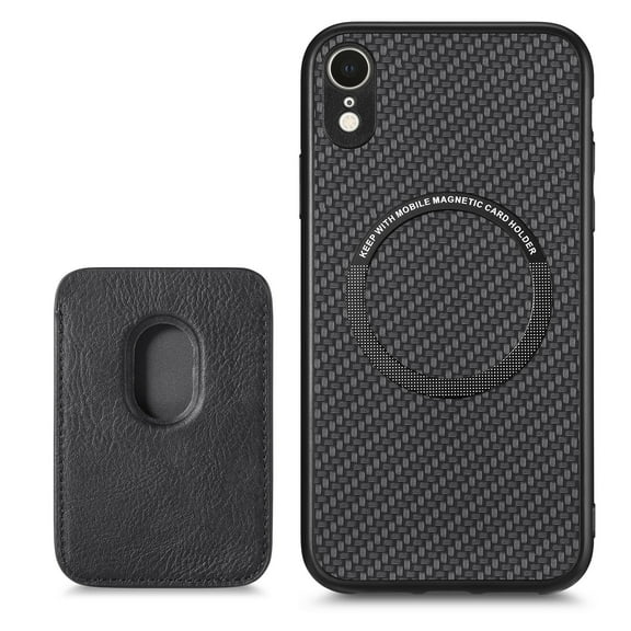 Cutyskin Carbon Fiber Texture PU Leather Case for iPhone XR, with Detachable Card Holder, Compatible Magsafe Charging, Ultra Thin Design Shockproof Phone Case for iPhone XR, Black