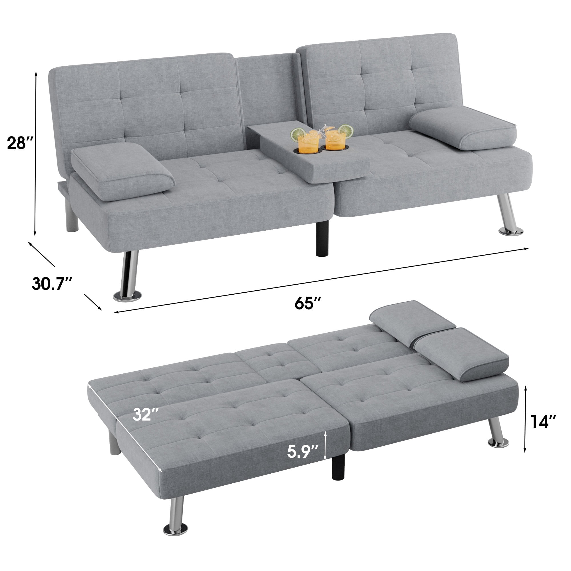 Homall Modern Linen 3 Adjustable Positions Convertible Sofa with Pillows, Gray