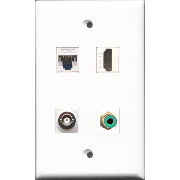 RiteAV - 1 Port HDMI and 1 Port RCA Green and 1 Port BNC and 1 Port Cat5e Ethernet White Wall Plate