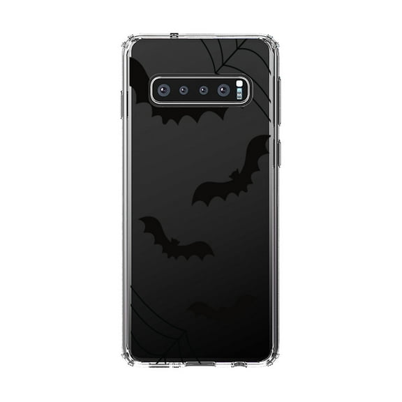 DistinctInk Clear Shockproof Hybrid Case for Samsung Galaxy S10 (6.1" Screen) - TPU Bumper, Acrylic Back, Tempered Glass Screen Protector - Bats and Spider Webs