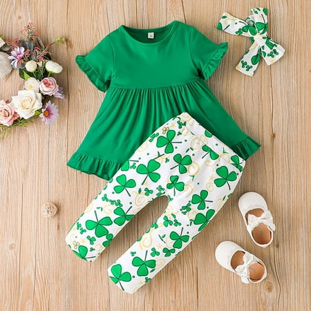 

Cathalem Outfits for Girls Size 6 Toddler Girls Short Sleeve Ruffles St.Patric.k s Day T Shirt Tops Floral Toddler Checke Pants A 9-12 Months