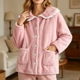 thumbnail image 2 of SZJXBUY Warm Women Bed Jacket Winter Cozy Plush Fleece Pajama Tops with Lace Peter Pan Collar Button Down Long Sleeve Lounge Coat with Pockets Pink,XXL, 2 of 8