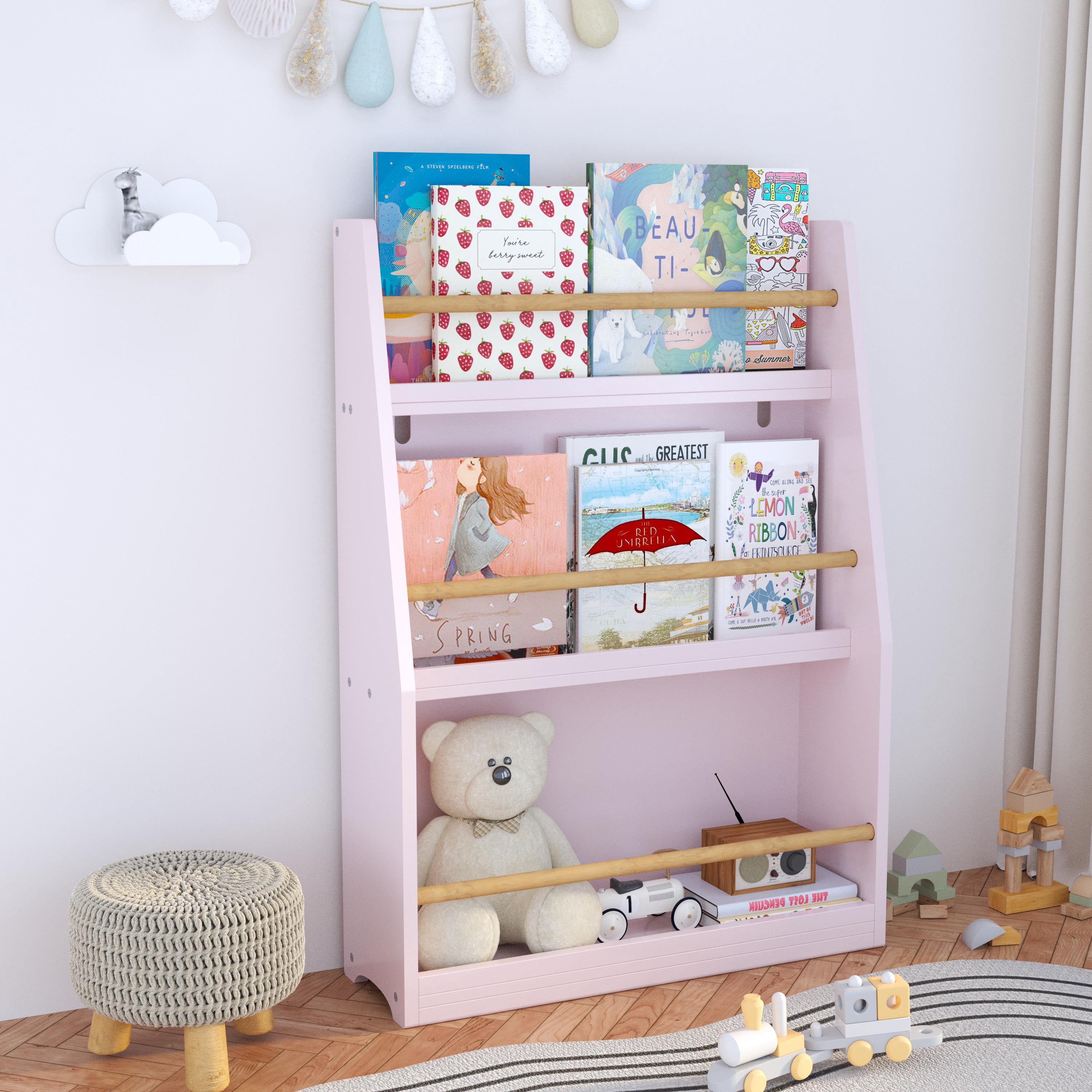 Yoneston Kids 3-Tier Bookcase with Wood Rails, Children's Standing Display Bookshelf for Playroom, Bedroom, Nursery, Pink