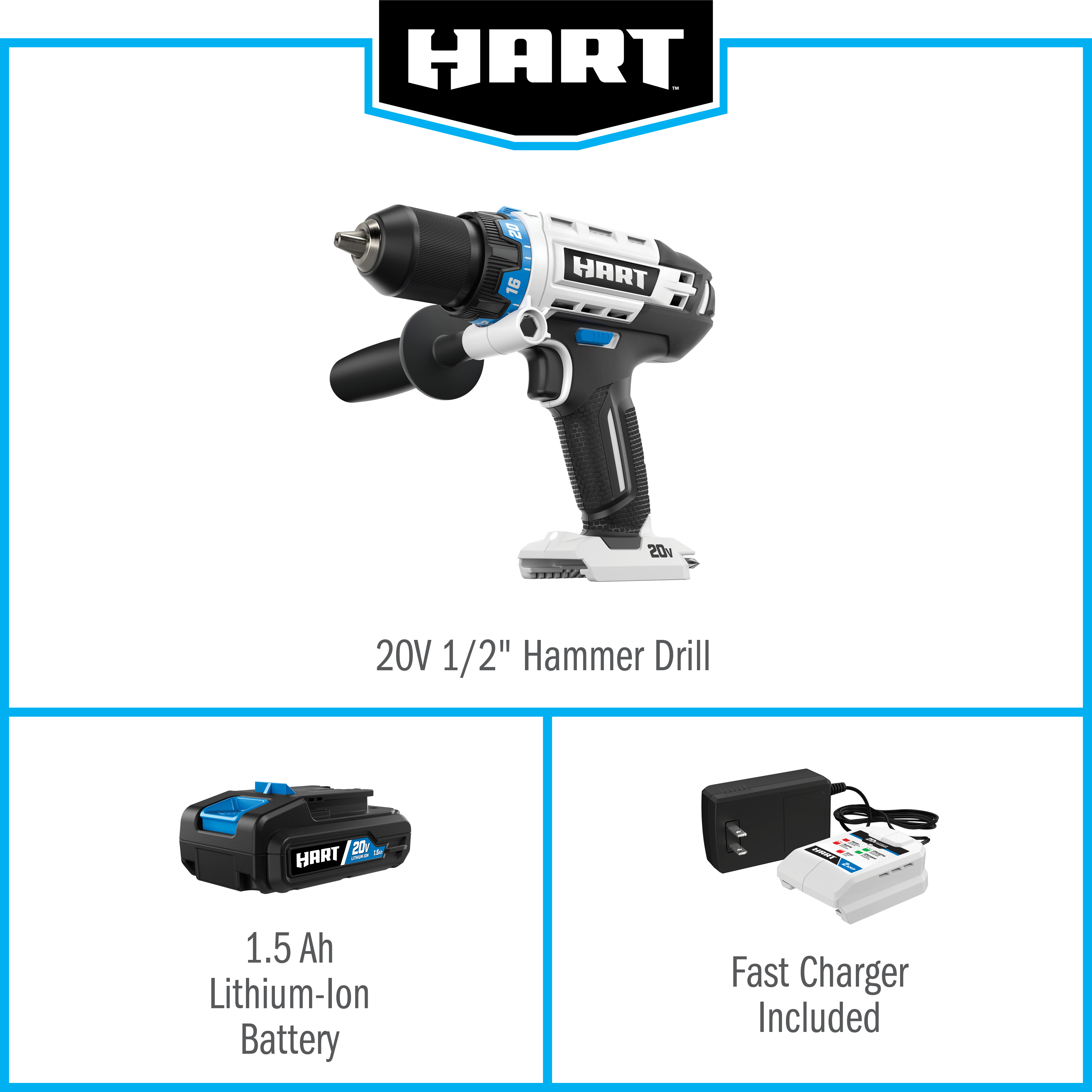 HART 20-Volt Cordless 1/2-inch Hammer Drill Kit (1) 1.5Ah Lithium-Ion Battery - image 3 of 11