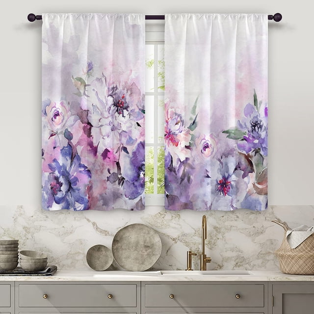 Innerwin Tringle à Rideau Poche Fente Panneau Rustique Imprimé Floral Aquarelle Rideaux Courts Anti-Moisissure Traitement de Fenêtre Style -5 27 Pouces*39 Pouces(70*100cm)*2