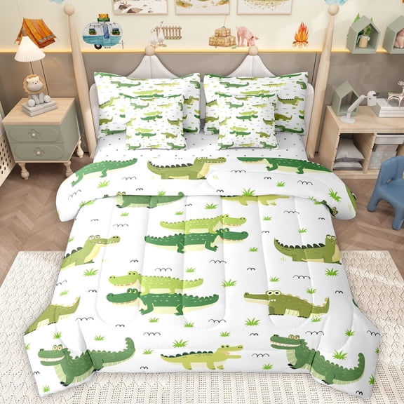 Homewish Cartoon Crocodile 7-Piece Twin Bedding Sets,Wild Animal Bedding Comforter Set,Green White Sheet Sets For Boys Kids,Luxury Bedroom Decor Reversible