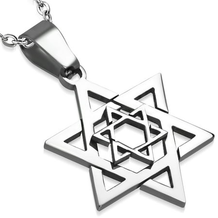 Mini Star Gold Pendant Necklace - Stainless Steel Silver-Tone Classic Double Jewish Star of David Pendant Necklace, 21.5