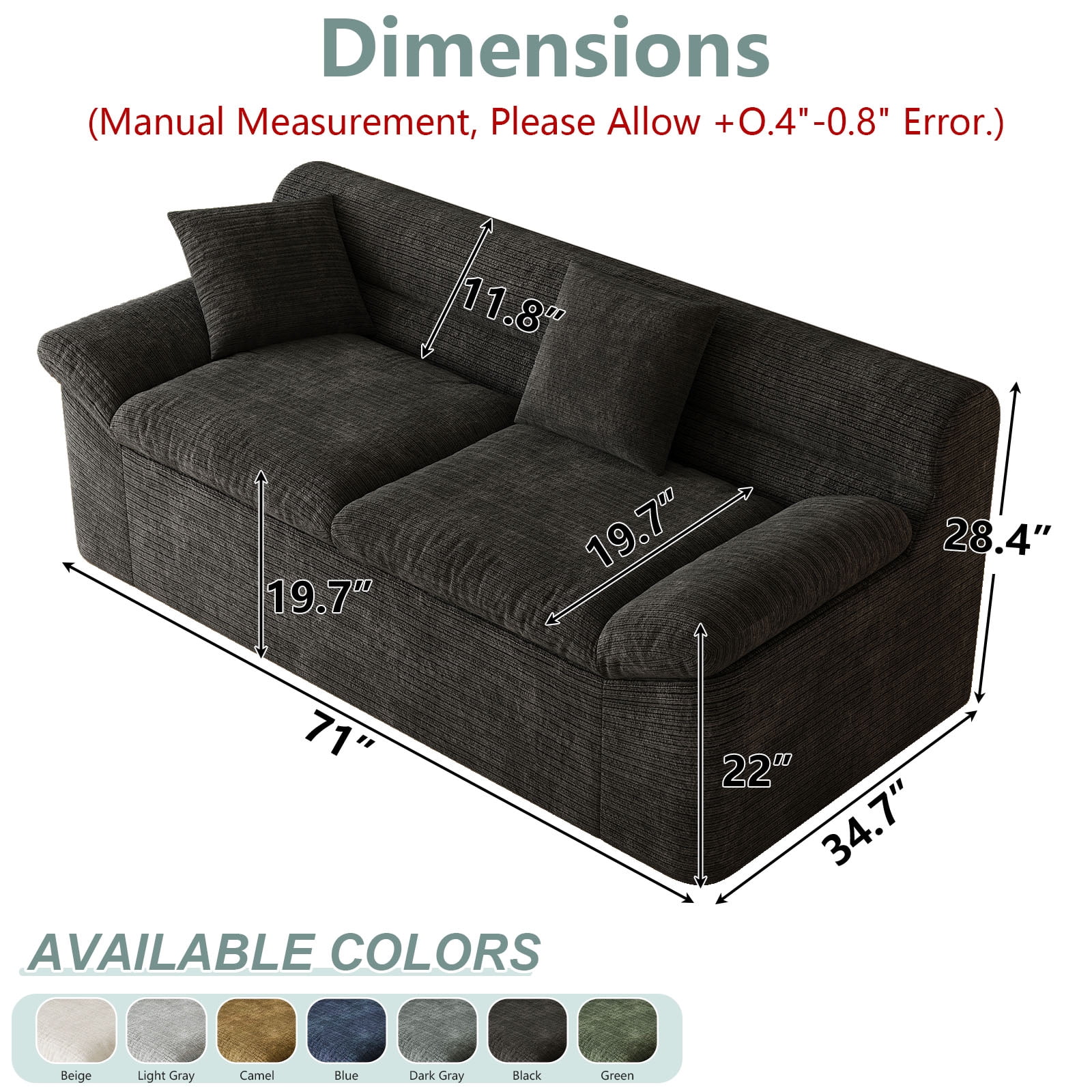 Leumius 71" Boneless Sofa,3 Setaser Couch with Deep Seat,Comfy Loveseat Sofa,for Living room, Bedroom,Conference room ,Apartment,No Assembly,Antique Black