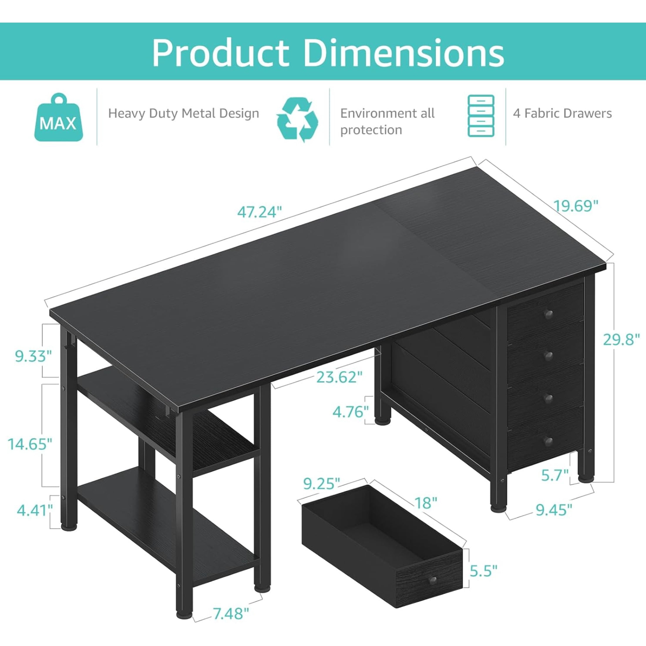 JEZWX Gaming Desk with 4 Fabric Drawers and Storage Shelves, 47 Inch Computer Writing Study Desk for Home Office Bedroom, Black