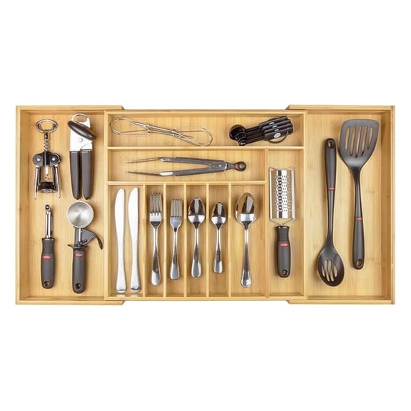 Premium Silverware, Flatware and Utensil Organizer for Kitchen Drawers, Food-Safe Contract Grade, Expandable from 18 to 33 In, Natural Bamboo