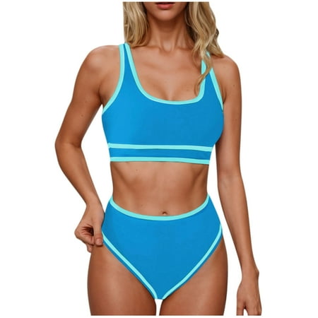 Arnsht Women s Fashion High Waisted Bikini Sets Sporty Two Piece Swimsuits Color Block Cheeky High Cut Bathing Suits Light Blue L