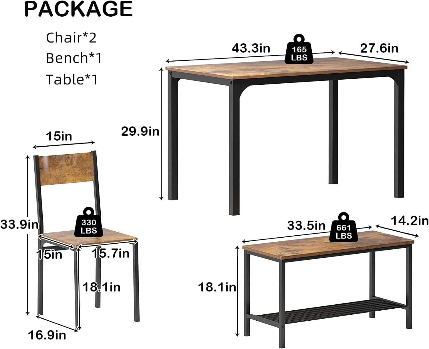 Dining Table Set for 4, Kitchen Room Table Set with Bench, 2-Piece Dining Chairs Set for Breakfast Nook - 42.9"×27.3" Retro