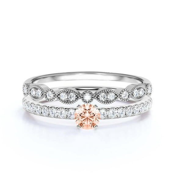 Dazzling Art deco 1.25 Carat Round Cut Morganite And Diamond Moissanite Engagement Ring, Wedding Ring, One Matching Band in 10k Solid White Gold, Gift For Girlfriend, Small Promise Ring, Bridal Set