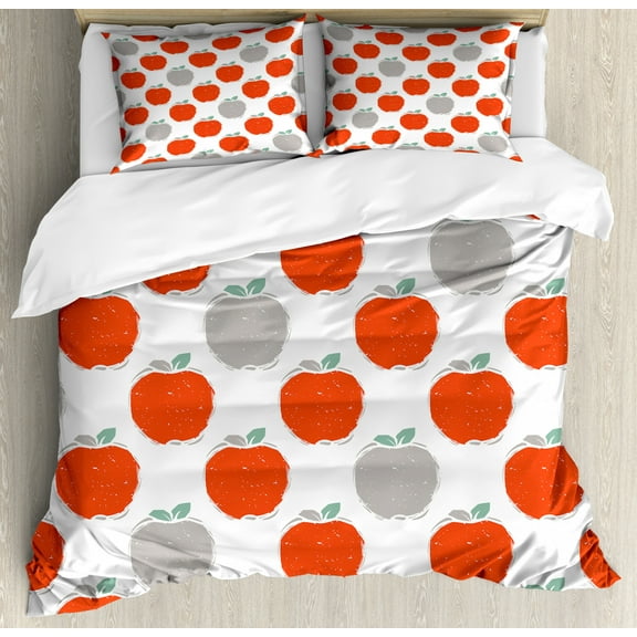 Apple Queen Size Duvet Cover Set, Doodle Style Fruit Silhouettes Healthy Sweet Apple Sketches Agriculture, Decorative 3 Piece Bedding Set with 2 Pillow Shams, Scarlet Pale Grey Teal, by Ambesonne