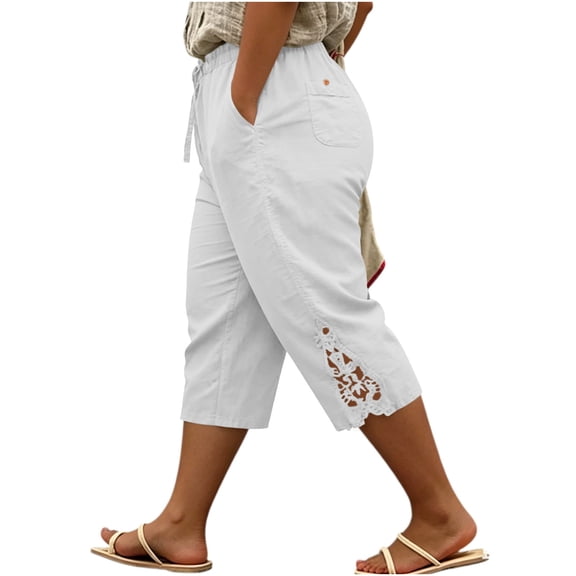 Lenpel Womens Plus Size Capri Pants High Waist Straight Leg Lace Cropped Trousers with Pockets Lounge Drawstring Beach Vacation Capris