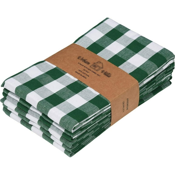 Kitchen Towels Set of 6, 28 x 18 Inches 100% Cotton Absorbent Kitchen Towels Ultra Soft Mitered Corners Kitchen Towels (Buffalo Checks Green/White Plaid Kitchen Towels)