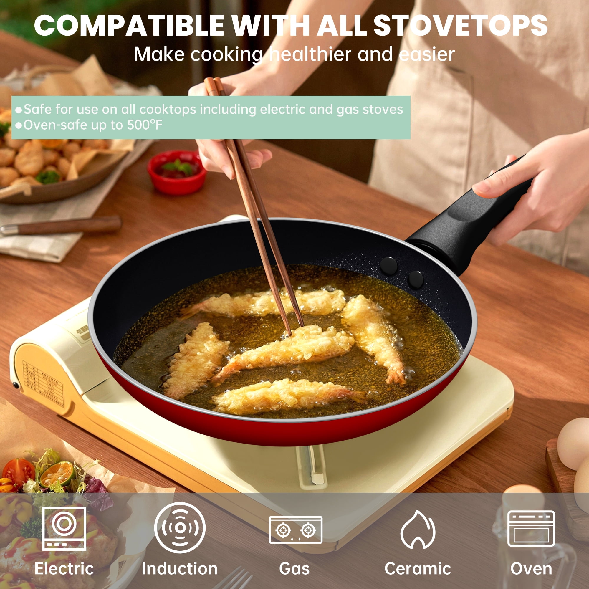 GPED 3 PCS Non-Stick Frying Pan Set,8”, 9.5”, 11” Tri-Ply Skillet with Induction Bottom, Aluminum Cooking Skillet Pans Set, Compatible with All Stovetops (Red)