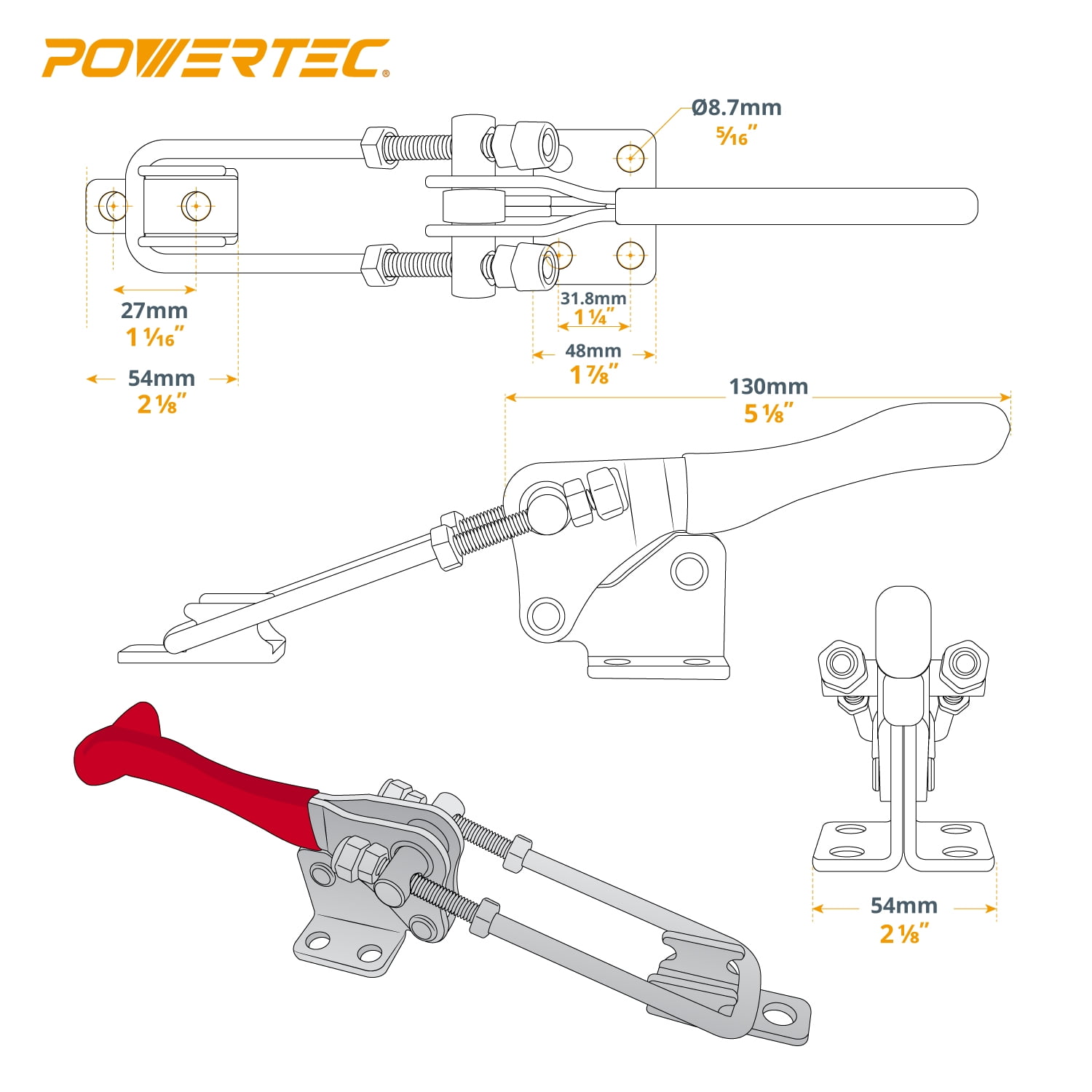 POWERTEC 2PK Toggle Clamp, 1980 lbs Holding Capacity, 40344 Adjustable 90 Degree Vertical U Bolt Latch w/Antislip Hand Grip for Woodworking Jigs & Fixtures, Smoker, Tire Carrier, Tool Box (20324-P2)