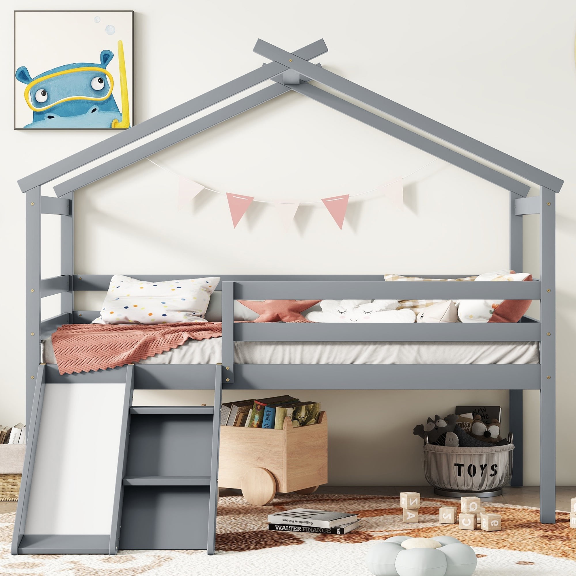 Sailvan Twin Low Loft House Bed with Slide, Ladder, Safety Guardrails, House Roof Frame