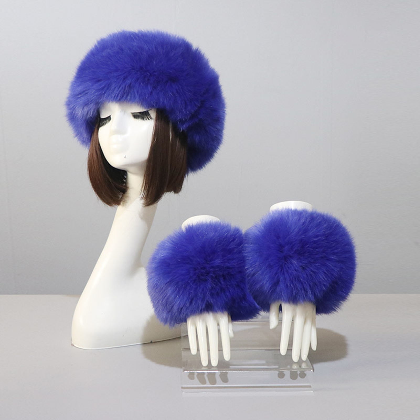 comerut 1 Set Women Headband Gloves Solid Color All Match Faux Fur Furry Empty Top Hat Wrist Sleeves for Skiing