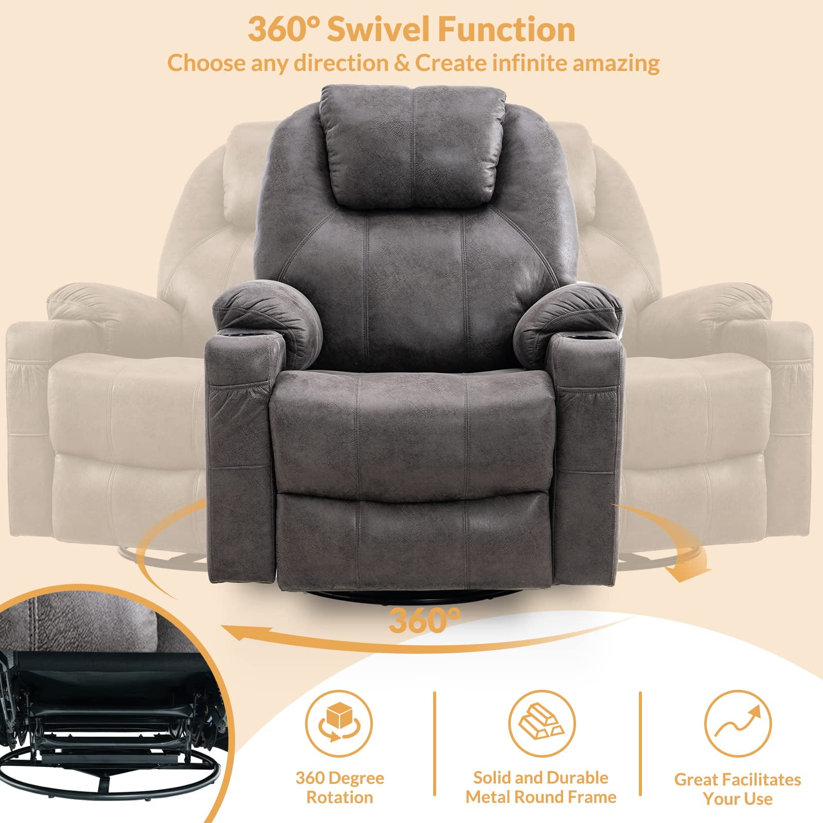 W WARMHOL Swivel Rocker Recliner Chair - Manual Glider Rocking Recliner Chair with Heated Massage Ergonomic Lounge Reclining Chair with 4 Pockets/Cup Holders/Remote Control/USB Ports (Gray)