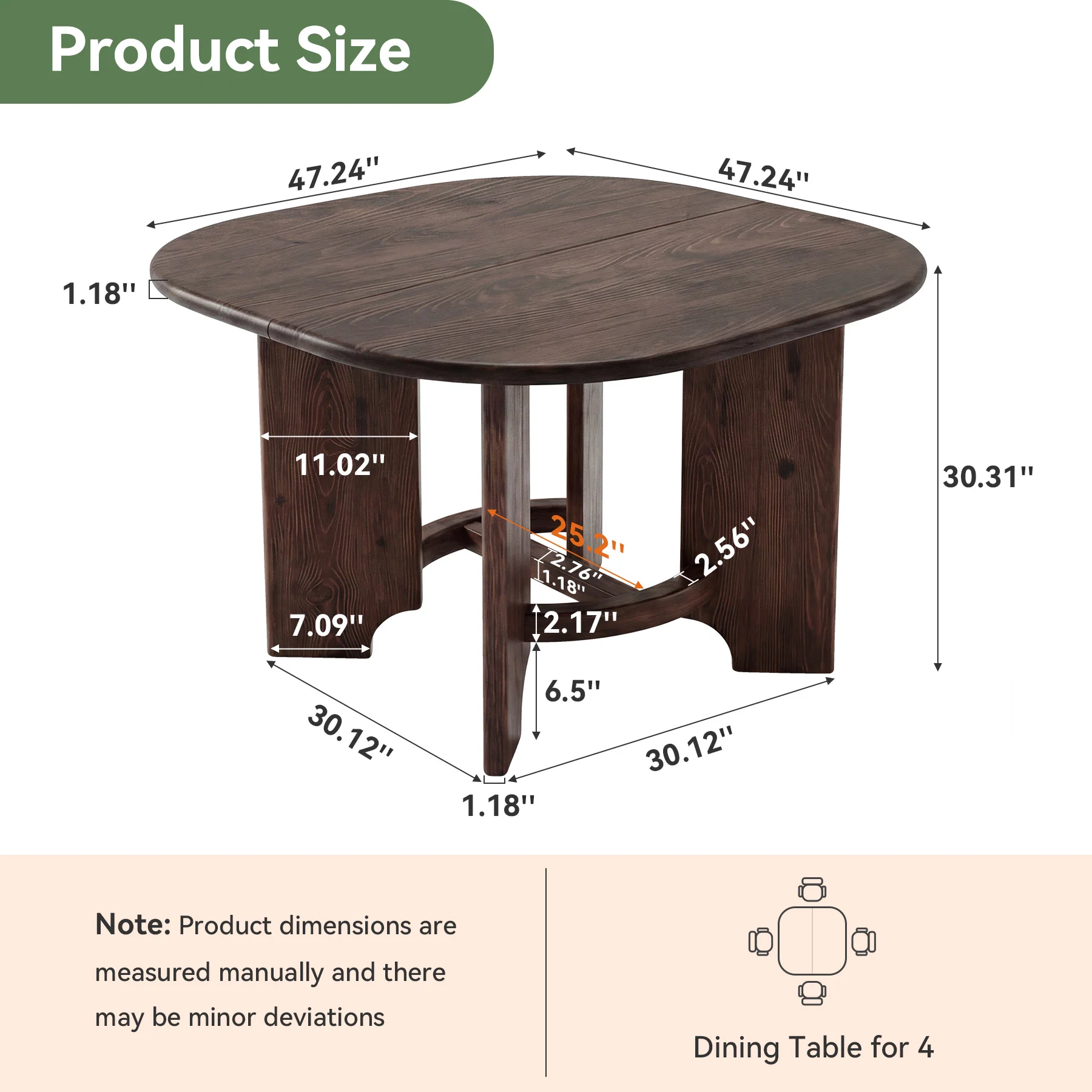 Hommoo 47 Inch Solid Wood Square Dining Table for 4, Rustic Farmhouse Kitchen Table, Durable Natural Grain Design, Walnut