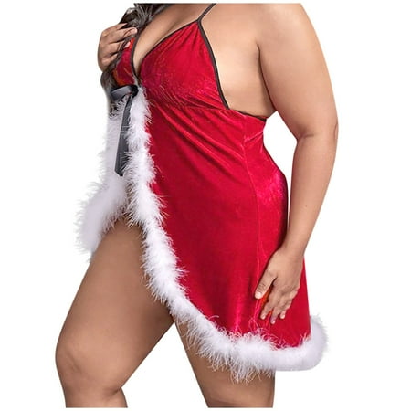 

DNDKILG Womens Front Closure Lingerie Set 2 Piece Christmas Costume Bodysuit Feather Babydoll Low Rise Red S