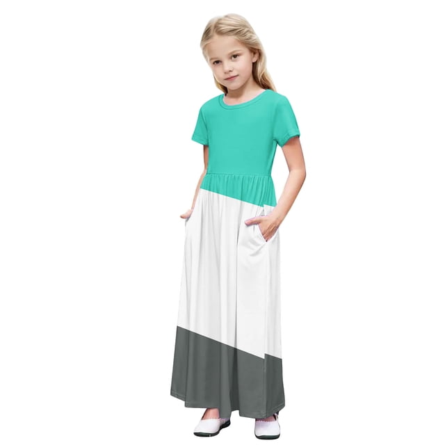 Robe Longue Maxi Décontractée Ample à Manches Courtes à Imprimé Floral pour Fille avec Poches 4-14 Ans