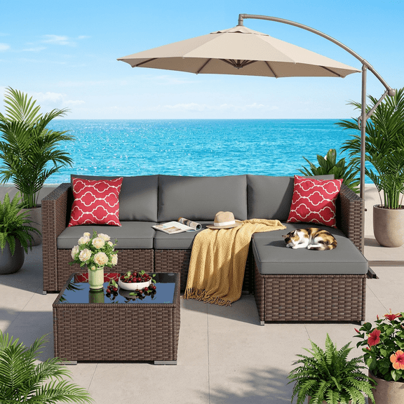 Patio Furniture Set on Sale, Asofer 5 PCS Outdoor Sectional Furniture Sofa Set with Cushion & Glass Table, Gray