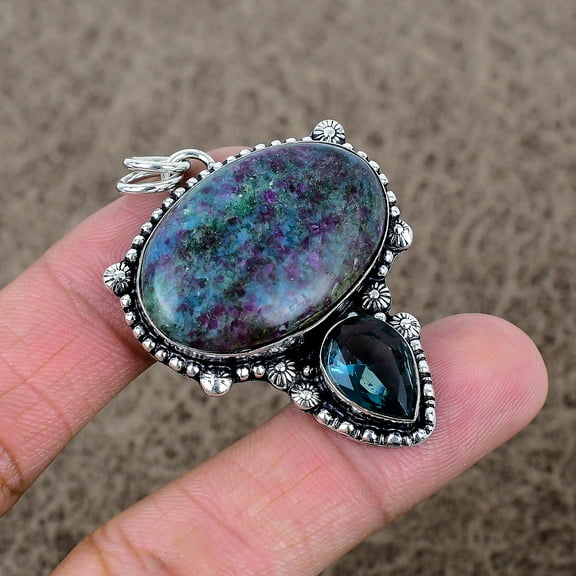 925 Sterling Silver Ruby Fuchsite, Iolite Gemstone Jewelry Pendant 2.05"