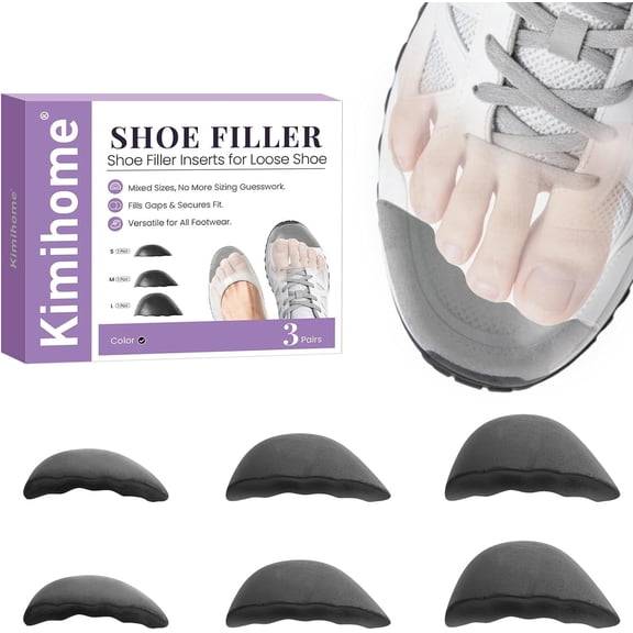 Kimihome 3 Pairs Mixed Size Shoe Toe Fillers, Memory Foam Toe Inserts for Loose Shoes, Fit Heels Sneakers Boots All Footwear
