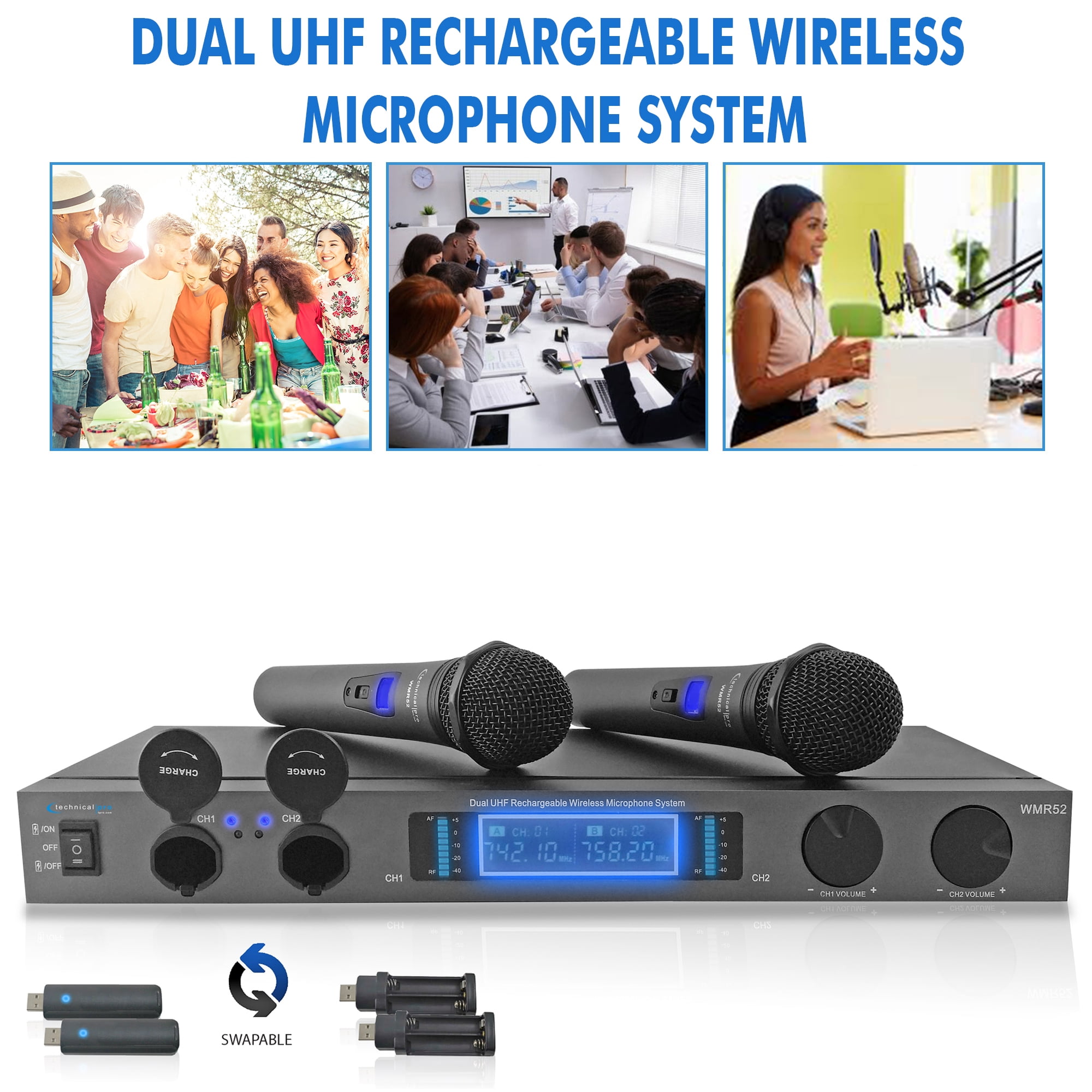 Technical Pro Dual UHF Wireless Microphone System Rechargeable Handhelds DJ Karaoke