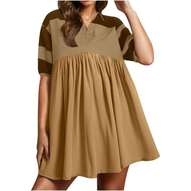 WILLBEST Vestido De Verano Para Mujer, Vestido De Verano Para Mujer, Vestido Informal De Gran Tamaño De Manga Corta Con Bloques De Color Y Cuello En V, Vestido Mini Camisero Fluido