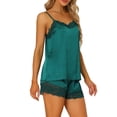 thumbnail image 4 of Conjuntos de pijama de satén para mujer INSPIRE CHIC con tirantes de encaje y pantalones cortos, 2 piezas, conjuntos de lounge de seda, L Verde Oscuro, 4 of 6