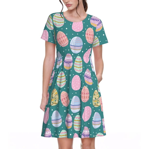 Balery Colorful Easter eggs Vestidos sueltos de manga corta para mujer, vestidos de verano 2025, vestidos casuales de corte A con vuelo.