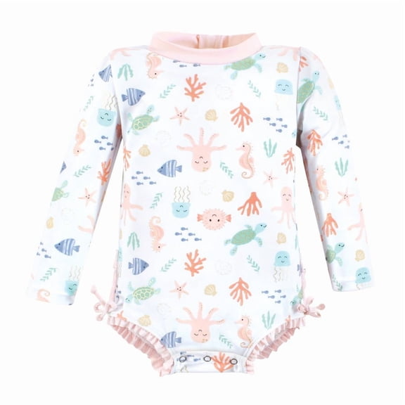 Hudson Baby Girls Rashguard Baby Swimsuit, Pastel Sea, 3-6 Months