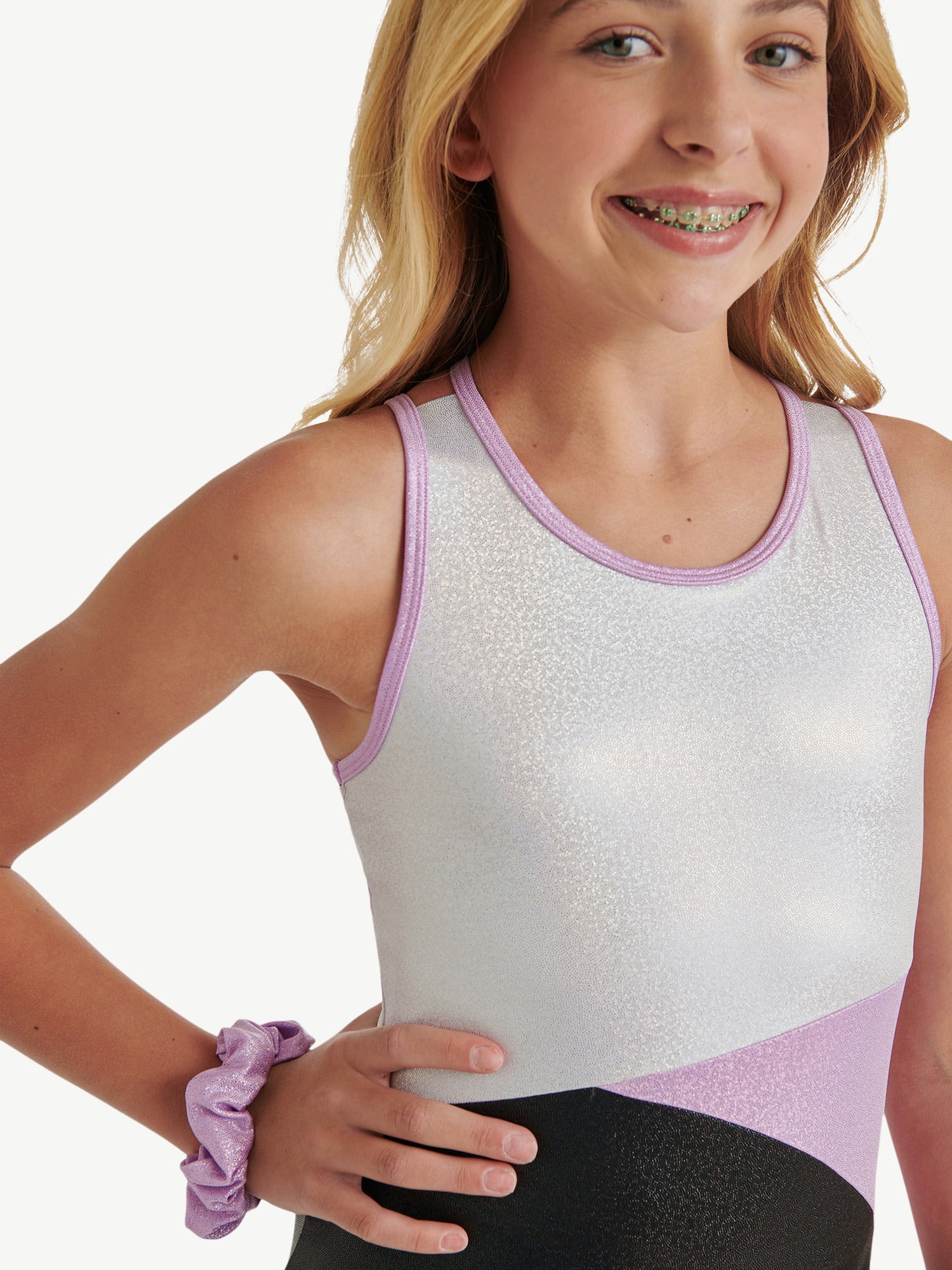 Justice All Over Foil Biketard for Girls with Matching Scrunchie, Sizes XS-XL
