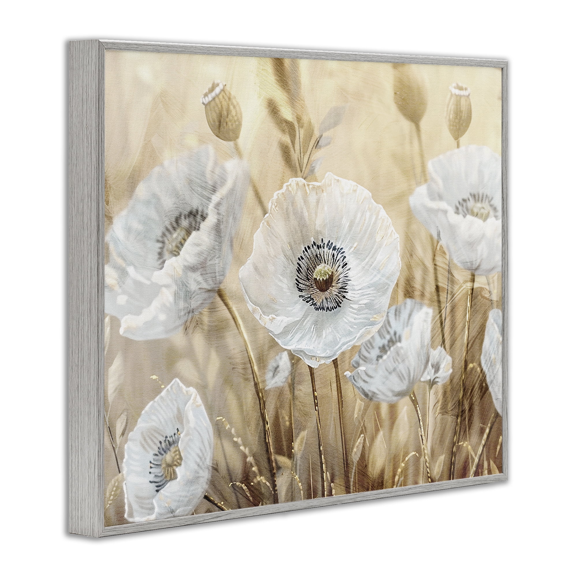 Stupell Industries White Poppies Beige Field Gray Framed Giclee Art, design by Kim Allen