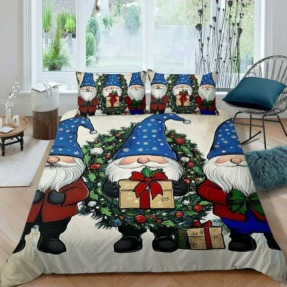 Pratyus Gnomes Christmas Wreaths Presents 3-Piece Bedding Set Lightweight and Soft for Modern Bedroom Decor 87x68in