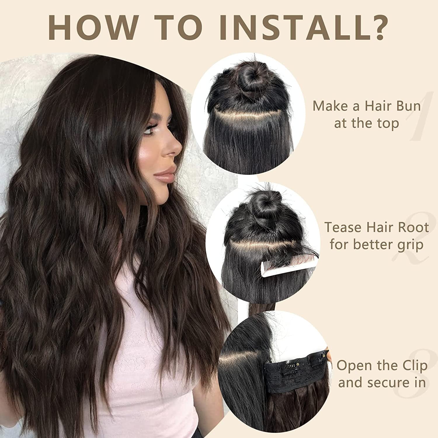 Clip in Long Wavy Synthetic Hair Extension 24 Inch Dark Brown 4PCS Thick Hairpieces Fiber Double Weft Hair for Women